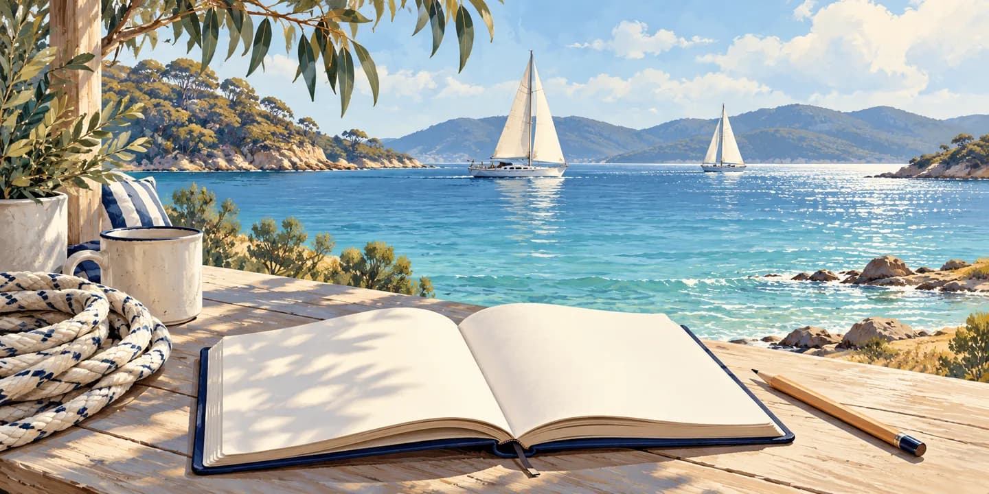 Editorial illustration: An open sailing notebook, pencil and coiled rope on a waterfront table overlooking a bay.