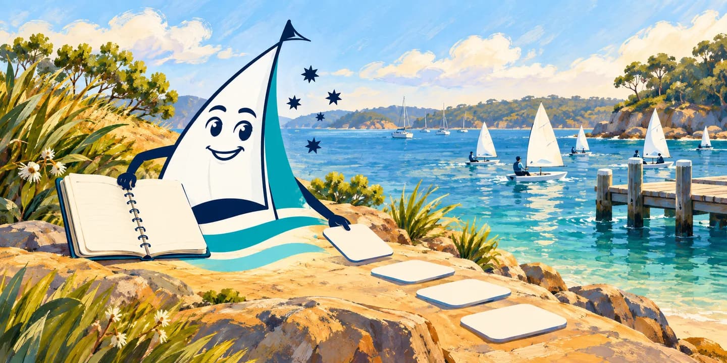 YouSail mascot using stepping-stone cards to plan practice after a sailing course.