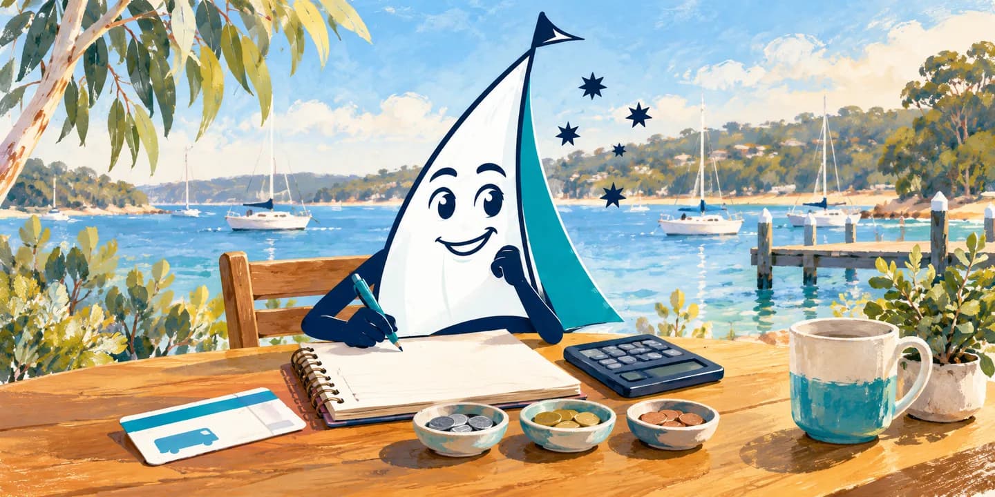 YouSail mascot comparing sailing expenses with a notebook, calculator and coins.