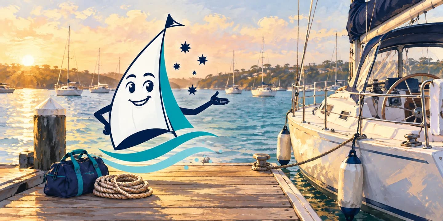 YouSail mascot beside a moored keelboat and a packed kit bag.
