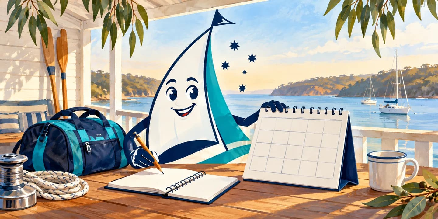 YouSail mascot planning a sailing season with a calendar and kit bag.
