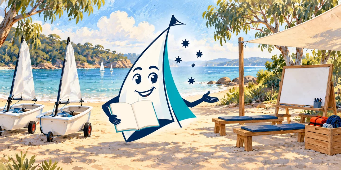 YouSail mascot introducing a shore-based learning space with training dinghies.