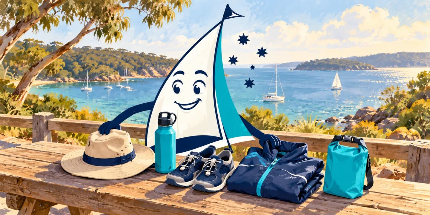 YouSail mascot arranging shoes, a hat, clothing and a dry bag for sailing.