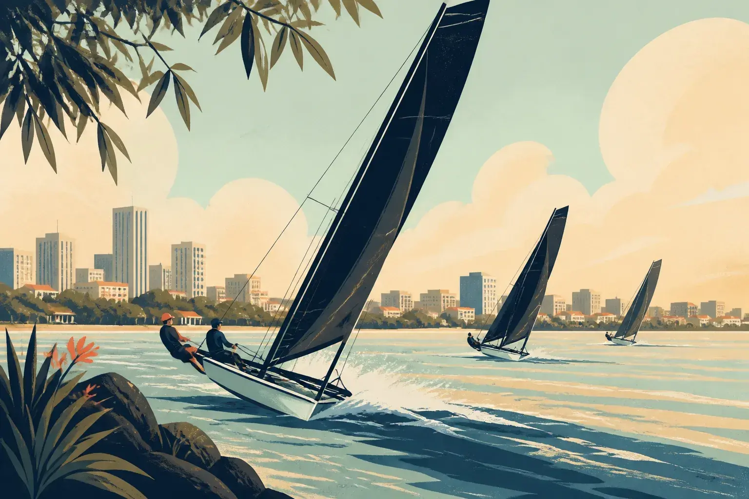 Editorial sailing illustration for Brisbane 18 Footers Sailing Club