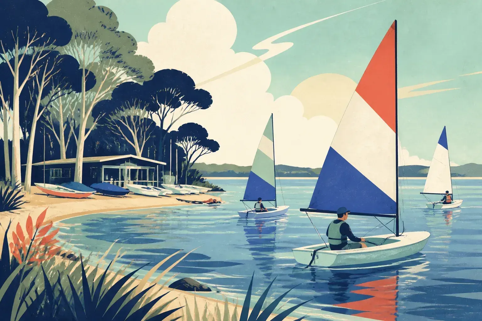Editorial sailing illustration for Queens Lake Sailing Club