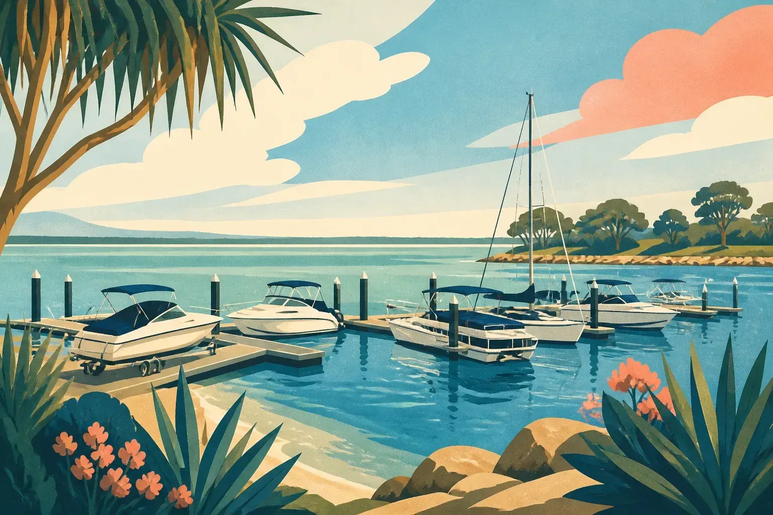Editorial sailing illustration for Moreton Bay Trailer Boat Club Marina