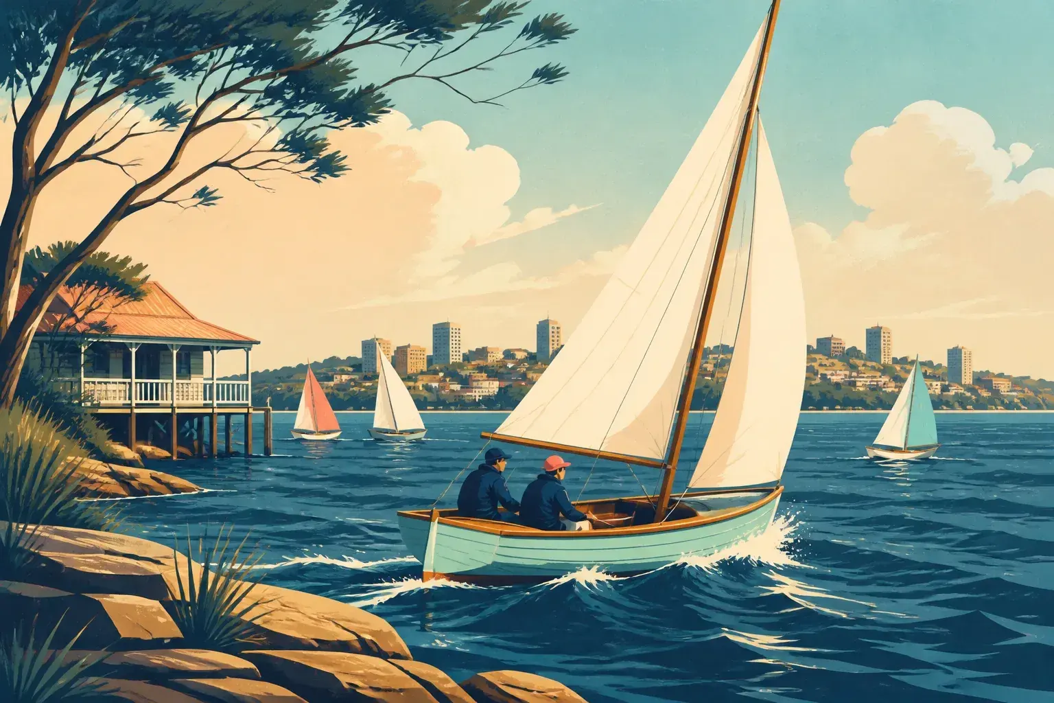 Editorial sailing illustration for Port Hunter 16ft Sailing Skiff Club