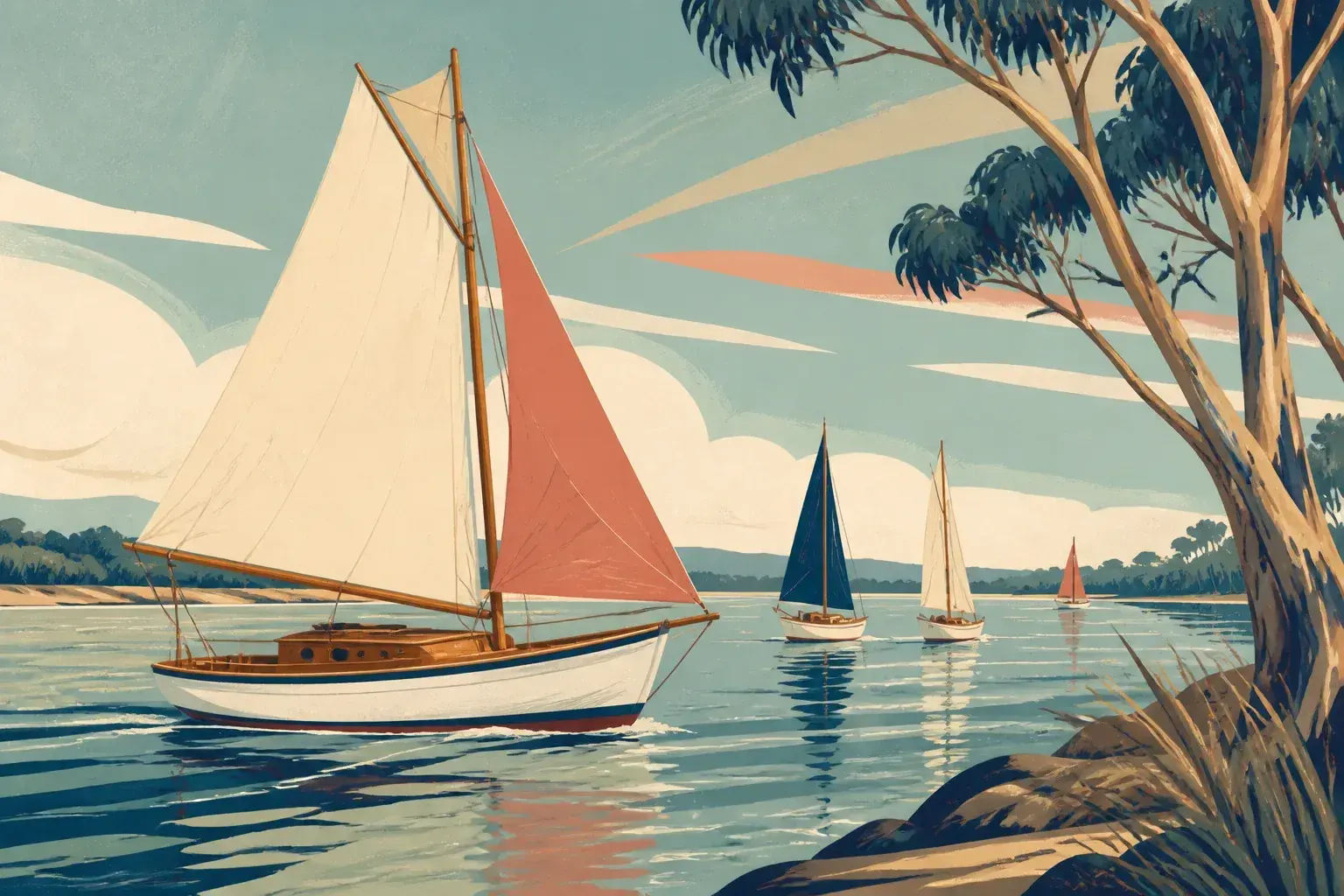 Editorial sailing illustration for Goolwa Vintage Boat Club