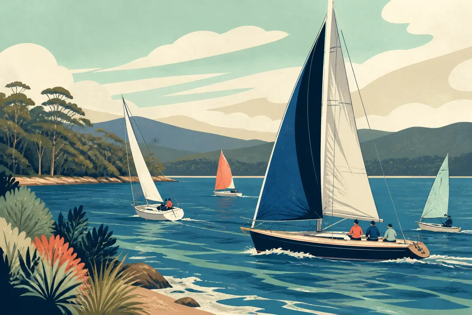 Editorial sailing illustration for Strahan Sailing Club
