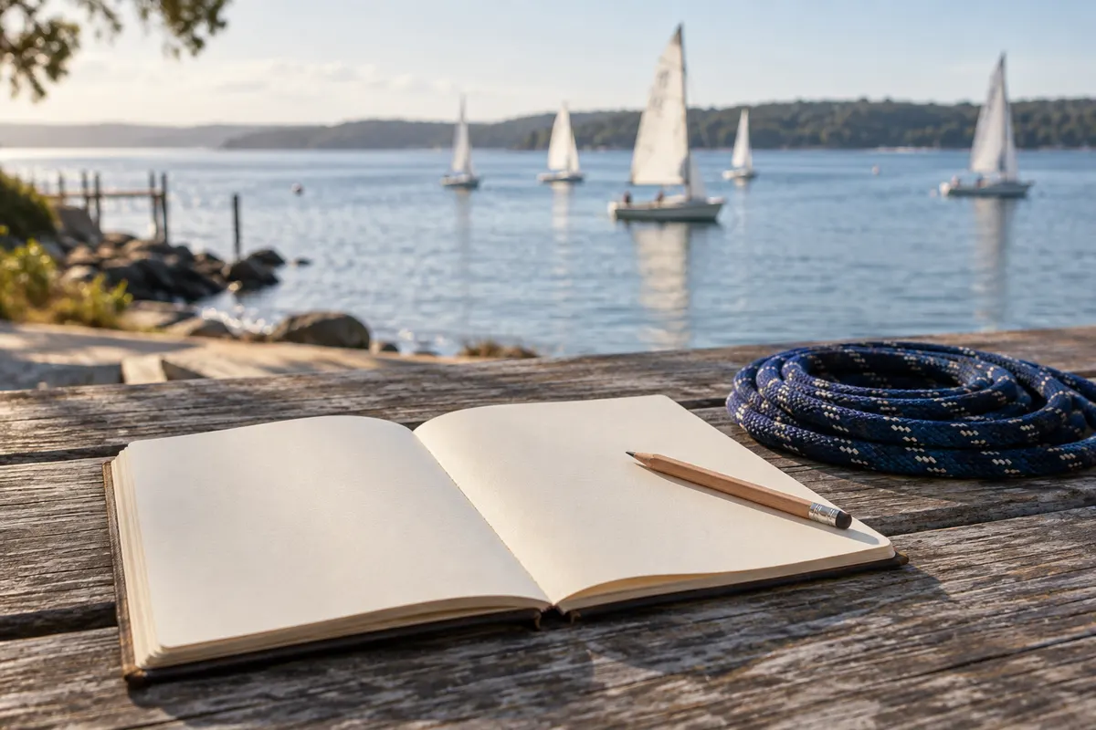 Notebook beside the water for planning a sailing season