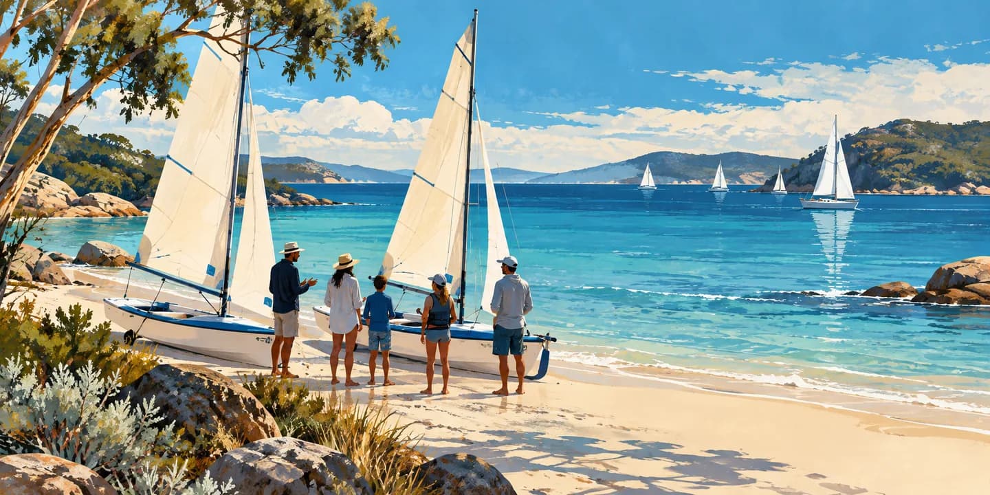 Editorial illustration: Small diverse group of adult and family visitor silhouettes talking on a broad shore beside two rigged dinghies, an inviting sailing bay beyond.