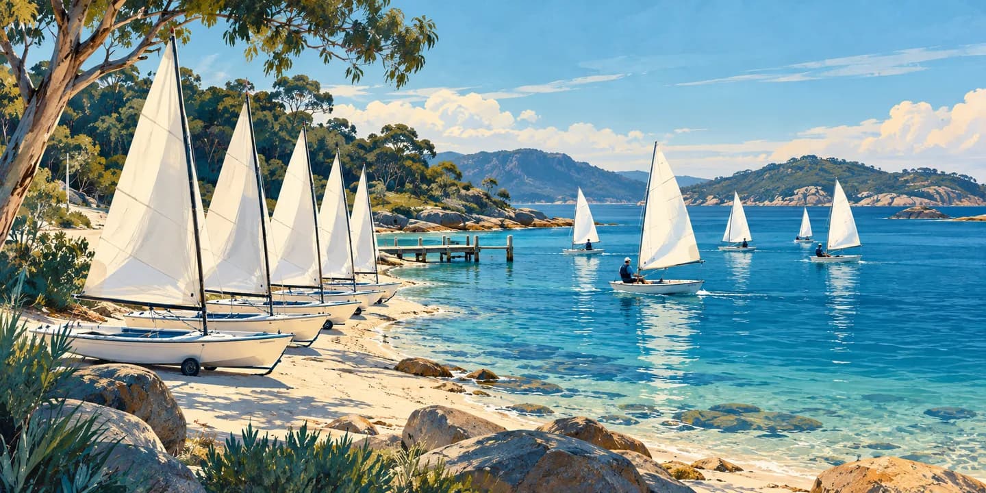 Editorial illustration: A line of singlehanded dinghies on shore beside a small sailing fleet.