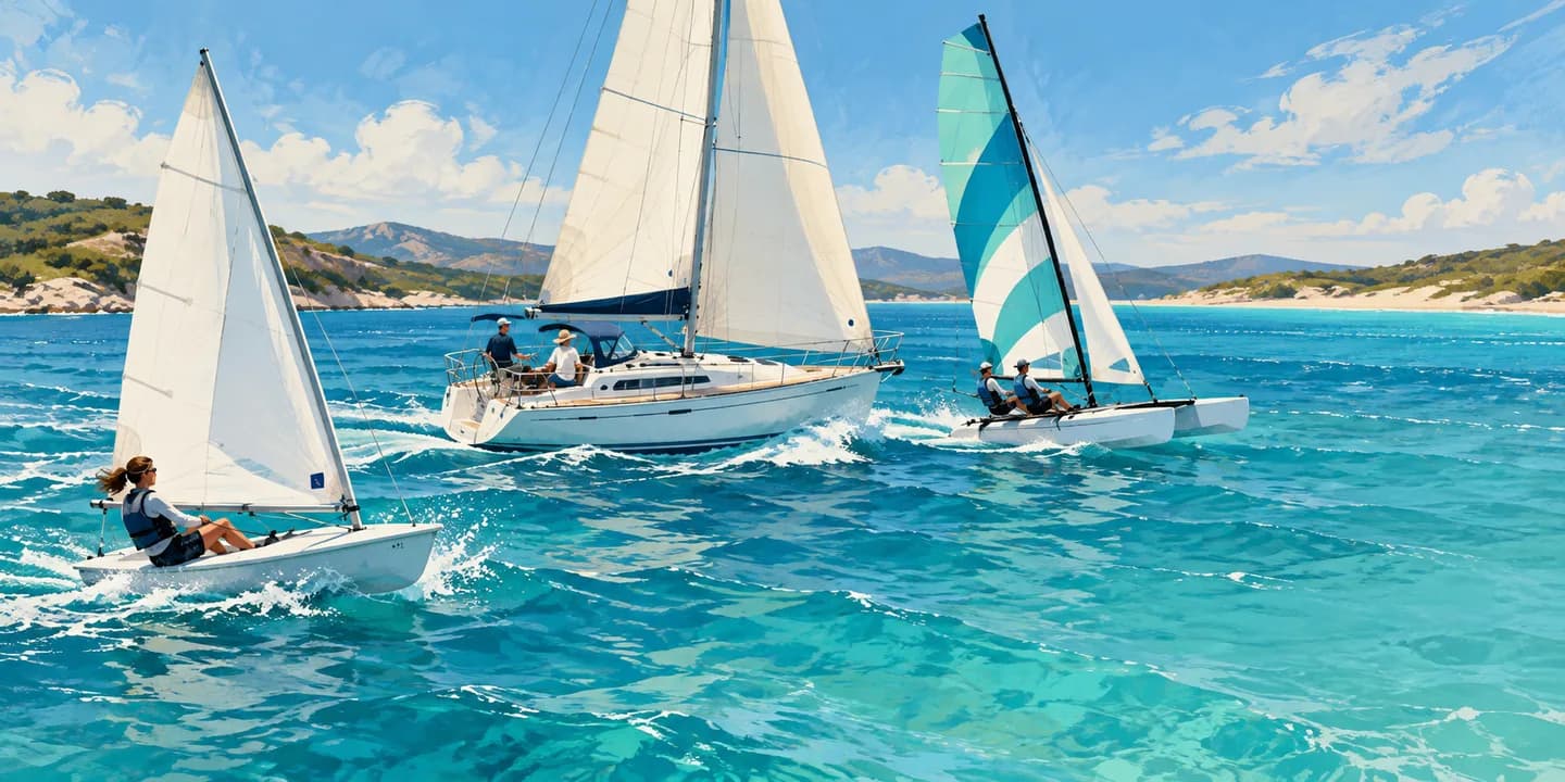 Editorial illustration: Elegant side-by-side compositions of a small sailing dinghy, a cruising keelboat and a beach catamaran on open turquoise water, clear distinct silhouettes.
