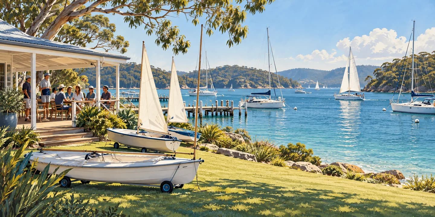 Editorial illustration: A waterside sailing clubhouse veranda with dinghies on the lawn and yachts beyond.