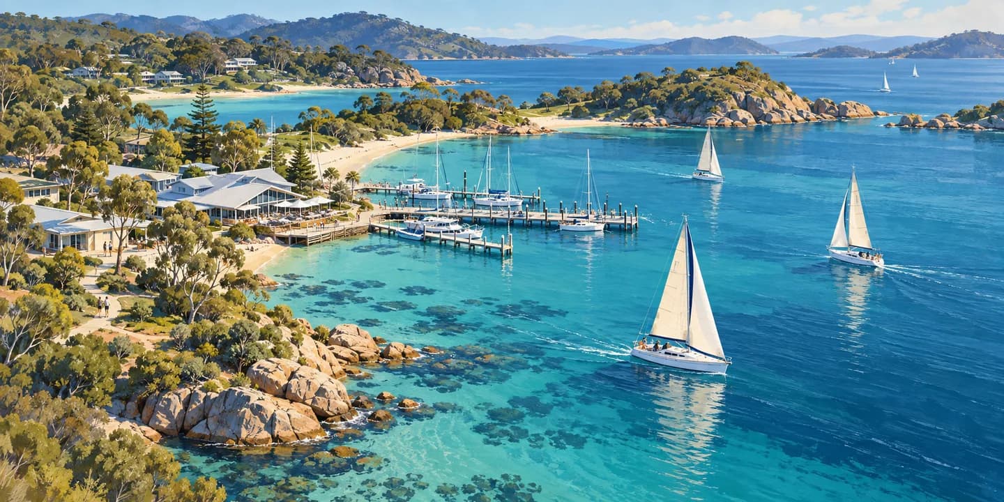 Editorial illustration: An imagined Australian sailing waterfront with sailboats, a sheltered bay and shoreline club buildings.