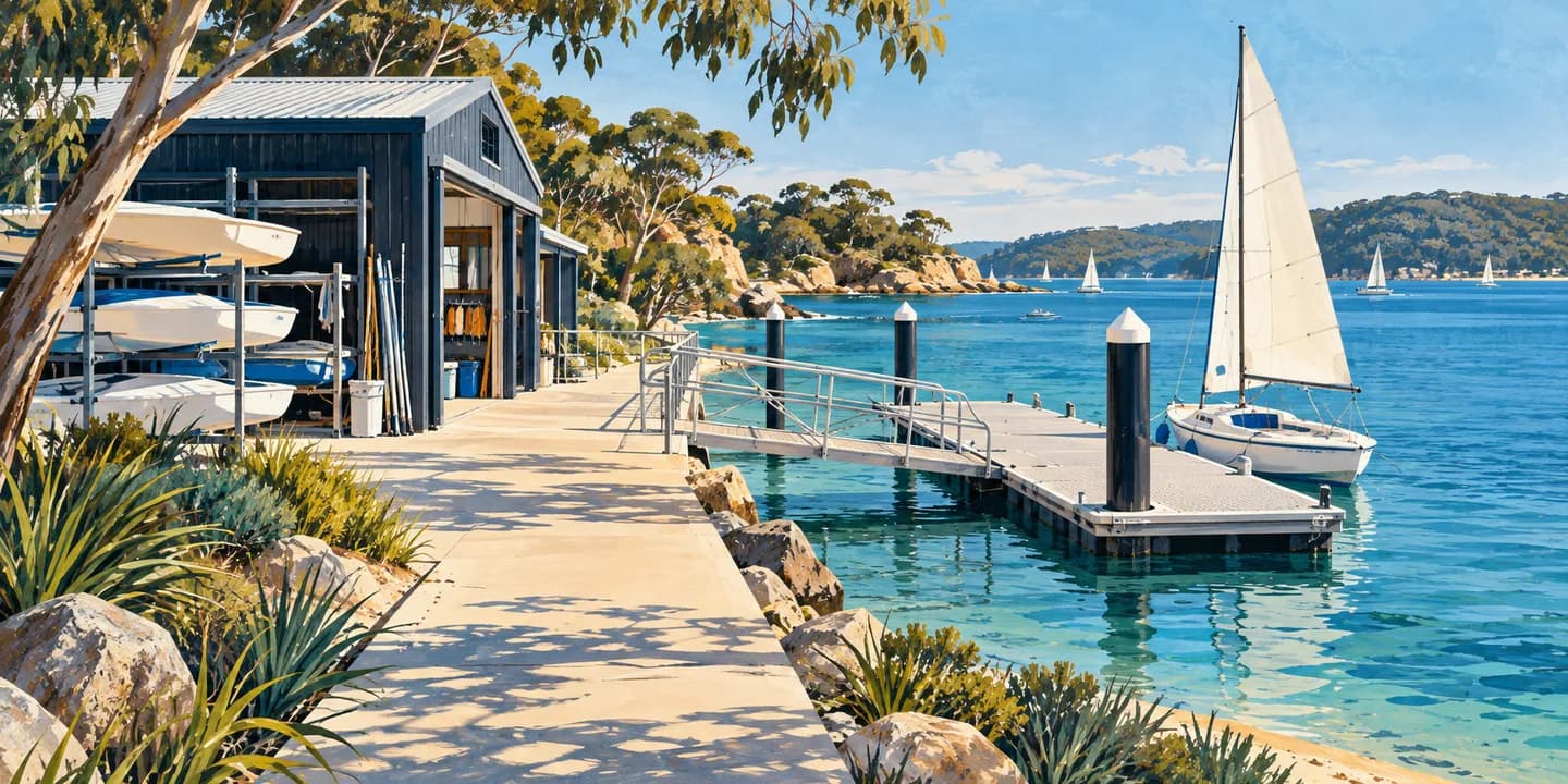 Editorial illustration: An imagined waterfront boat shed with dinghy racks, a wide path and floating pontoon.