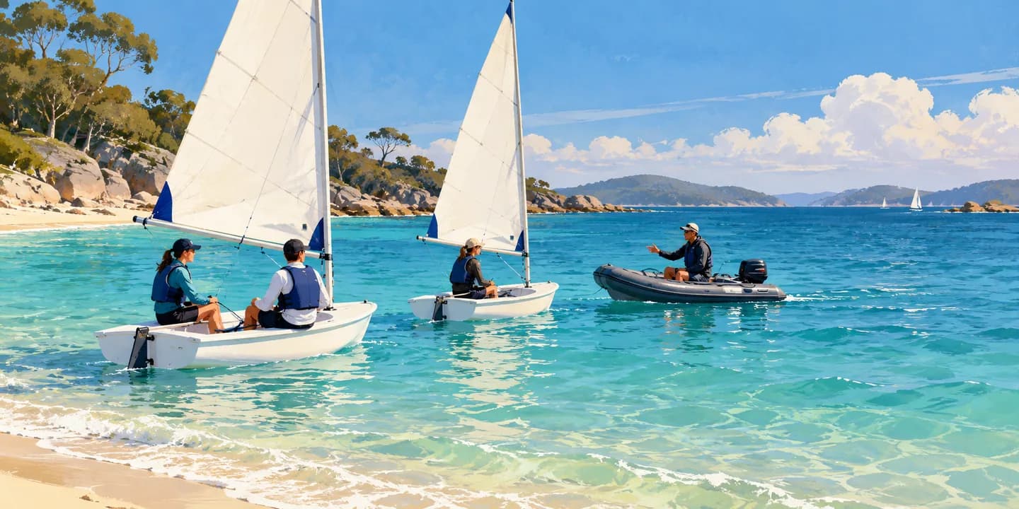 Editorial illustration: Two training dinghies just off a sandy shore with tiny adult learner silhouettes wearing buoyancy aids and an instructor nearby in a small support boat; gentle conditions.