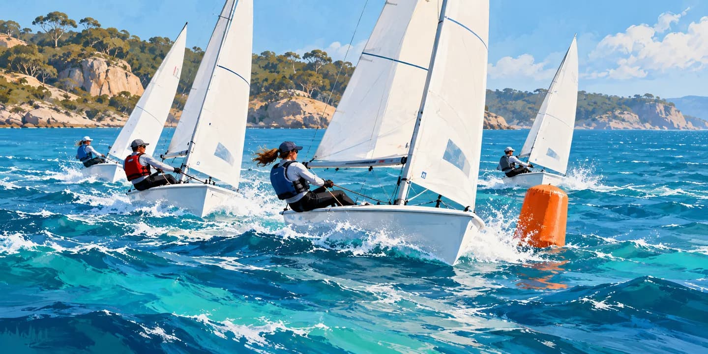 Editorial illustration: Four coherent white-sailed dinghies racing on blue water past one orange buoy, each tiny sailor wearing a buoyancy aid, energetic but not stormy.
