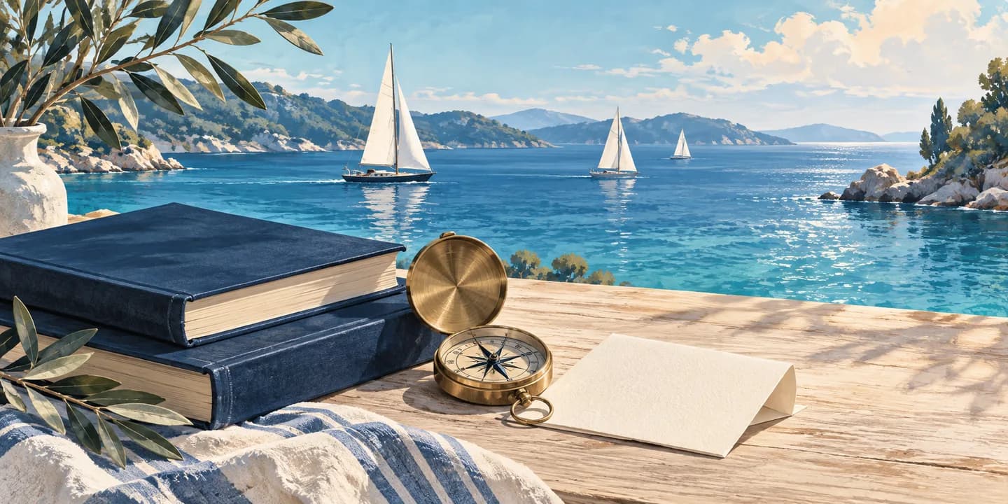 Editorial illustration: An elegant nautical reference still life of closed plain navy books, a brass compass and blank folded paper on a light wooden table, sailboat silhouettes on distant water.