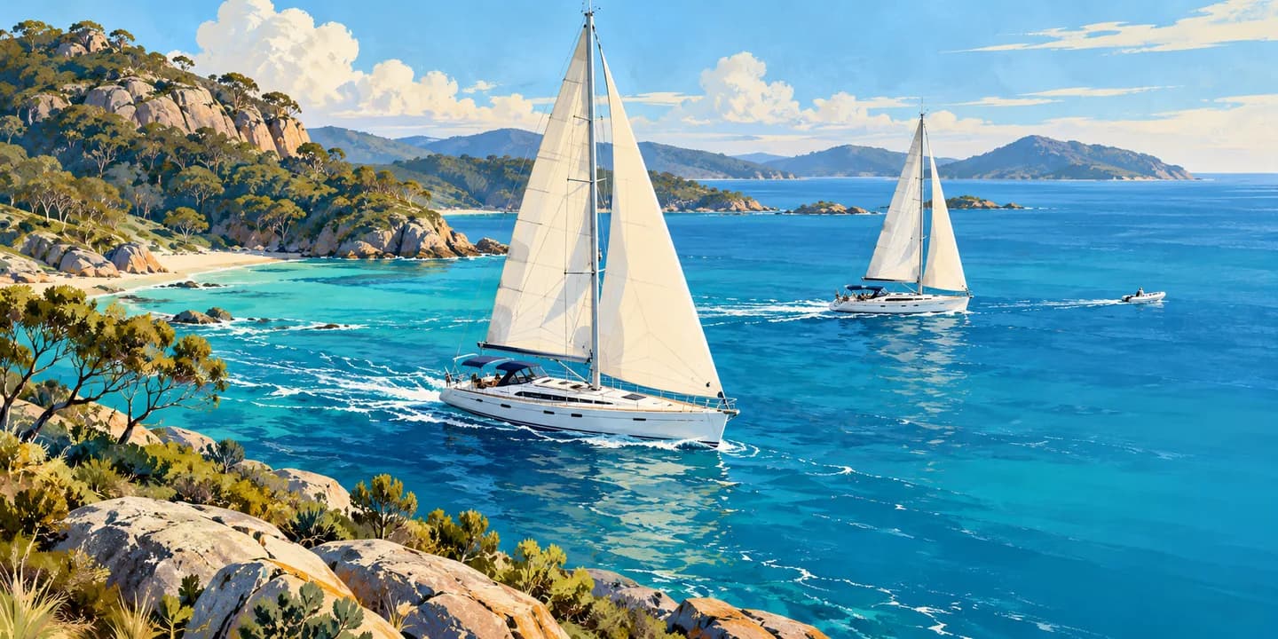 Editorial illustration: A relaxed sailing panorama with two yachts cruising and a small dinghy further away, rolling headlands, open space and bright water, no crowds.