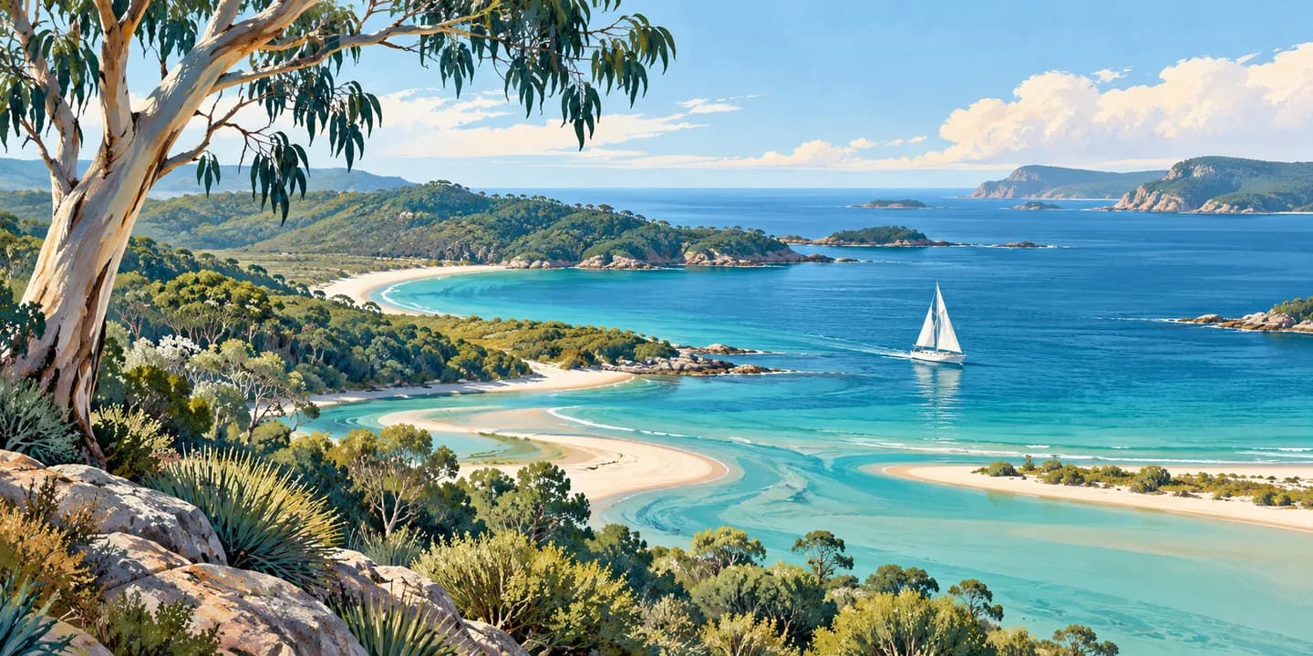 Editorial illustration: A sweeping layered landscape where a eucalyptus-lined river opens into a broad sheltered bay with distant ocean headlands, one small sailing yacht.