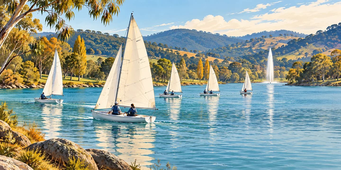 Editorial illustration: Dinghies on a calm inland lake framed by rolling eucalyptus hills and parkland, a slender distant fountain, autumn gold touches.
