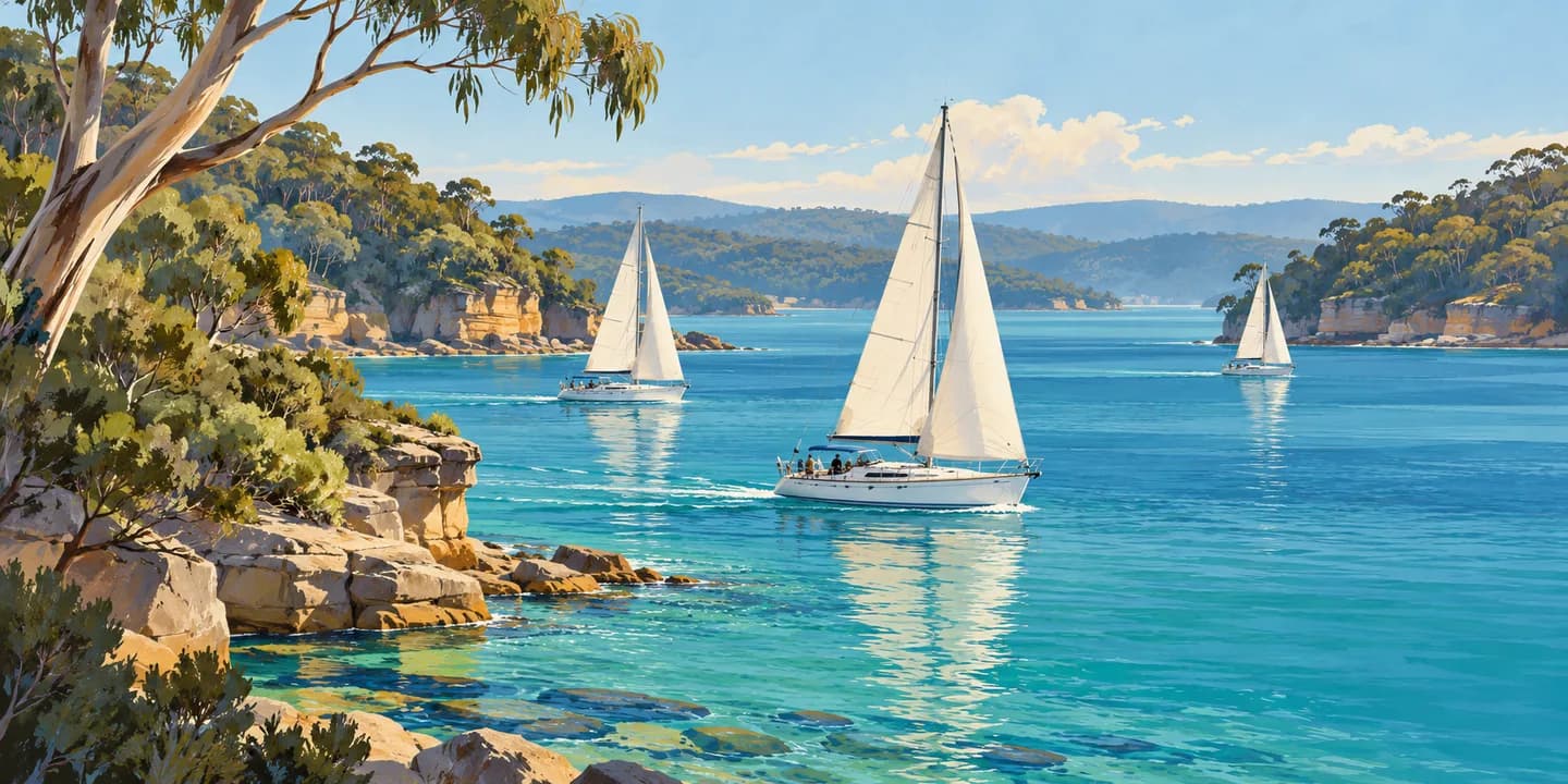 Editorial illustration: Sailing on an expansive sheltered estuary with eucalyptus-clad sandstone headlands, three small white-sailed yachts and distant coastal hills.