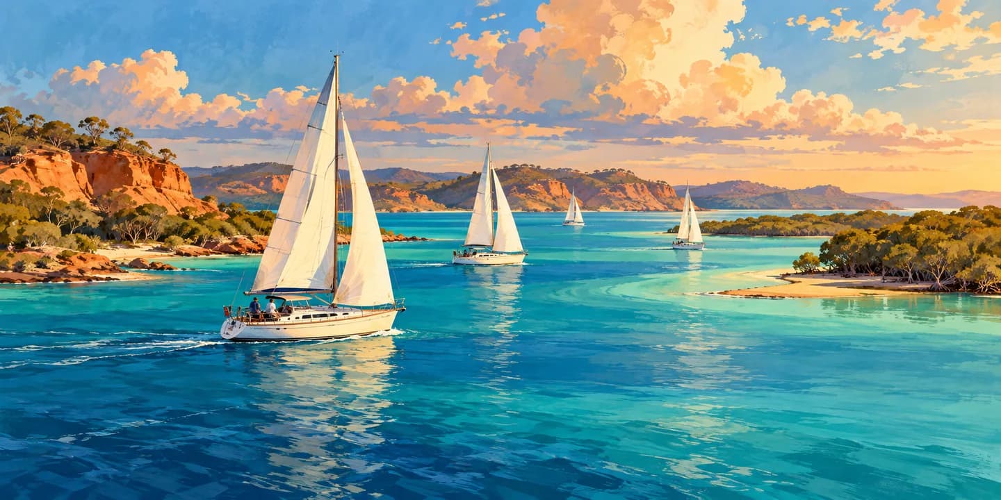 Editorial illustration: Small white-sailed yachts on a wide tropical harbour, mangrove shore, ochre coastal earth and warm late-afternoon cloudscape.