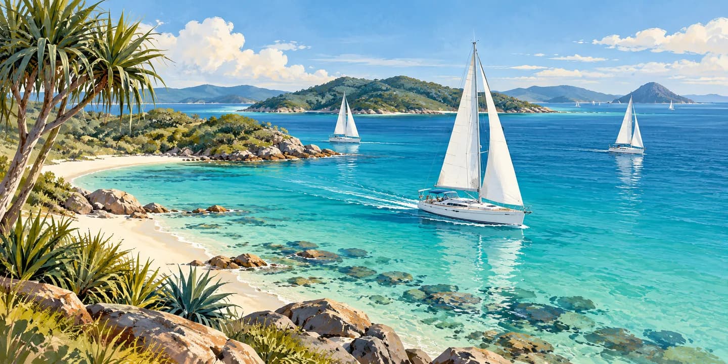 Editorial illustration: White-sailed boats on a turquoise subtropical bay, low green islands, sandy shore and coastal pandanus foliage, warm bright light.