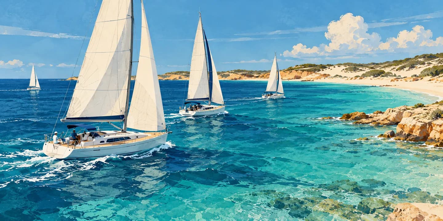 Editorial illustration: Small sailing fleet off a broad sandy gulf coast, low dunes and sparse coastal scrub, warm limestone and ochre accents.