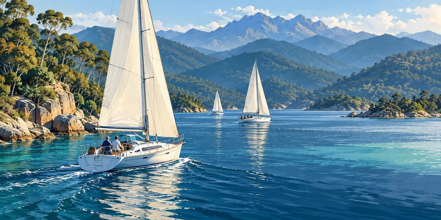 Editorial illustration: Sailing yachts in a deep cool blue estuary framed by layered forested mountains and a distant mountain ridge, clean soft southern light.