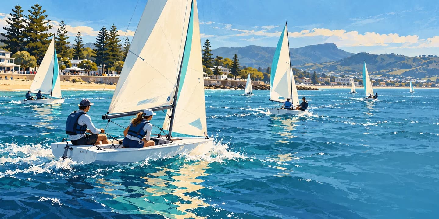 Editorial illustration: Sailing dinghies on a broad temperate bay with a low coastal promenade, pale beach and distant low hills, crisp cool southern light.
