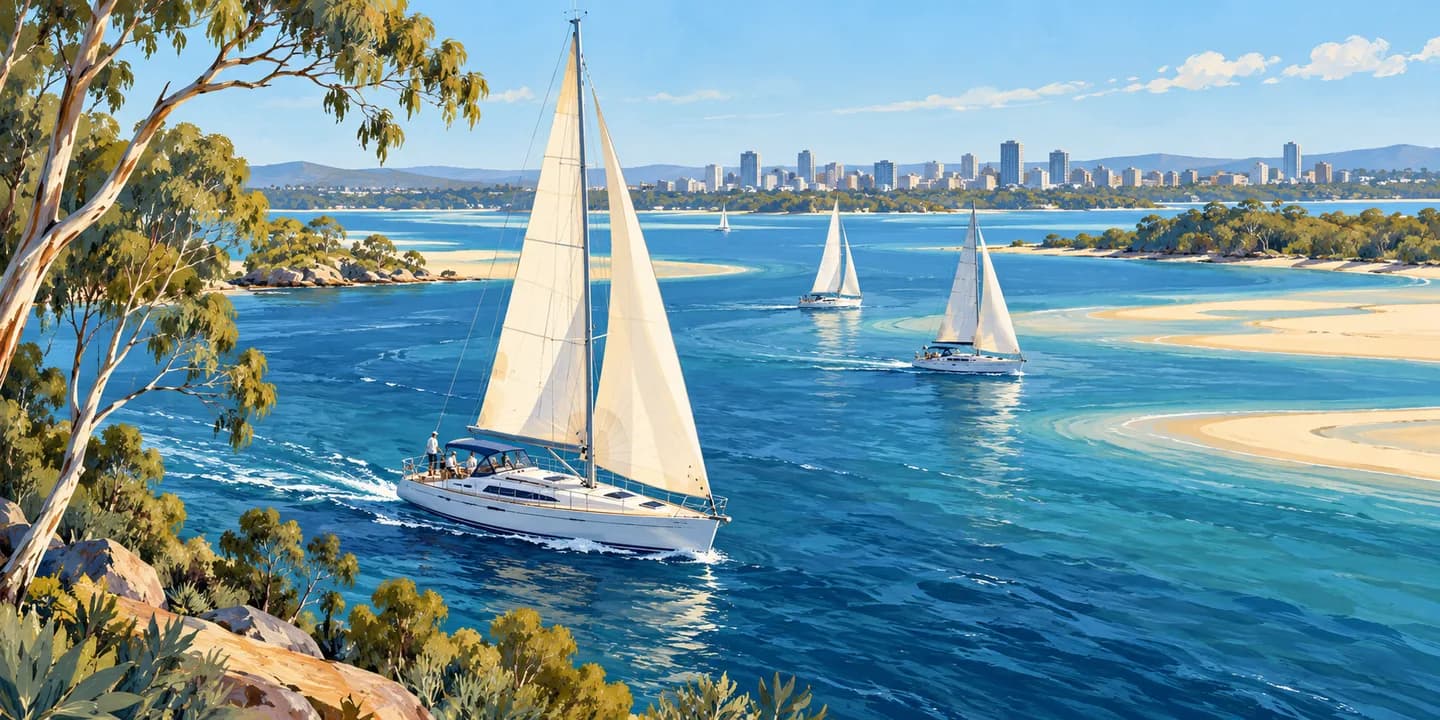 Editorial illustration: Sailing yachts on a broad blue river estuary with pale sandy banks, eucalyptus parkland and a distant low modern skyline, clear western light.