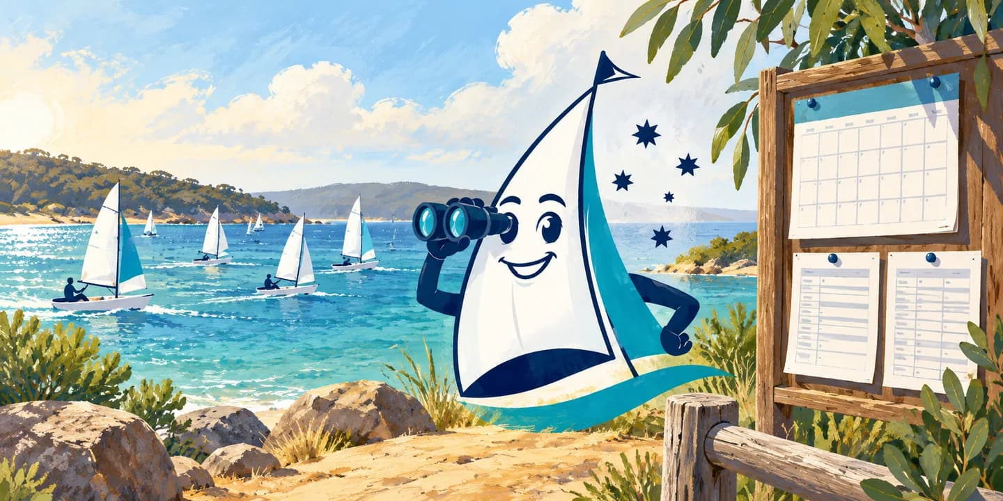 YouSail mascot observing dinghies with binoculars beside a calendar and results board.
