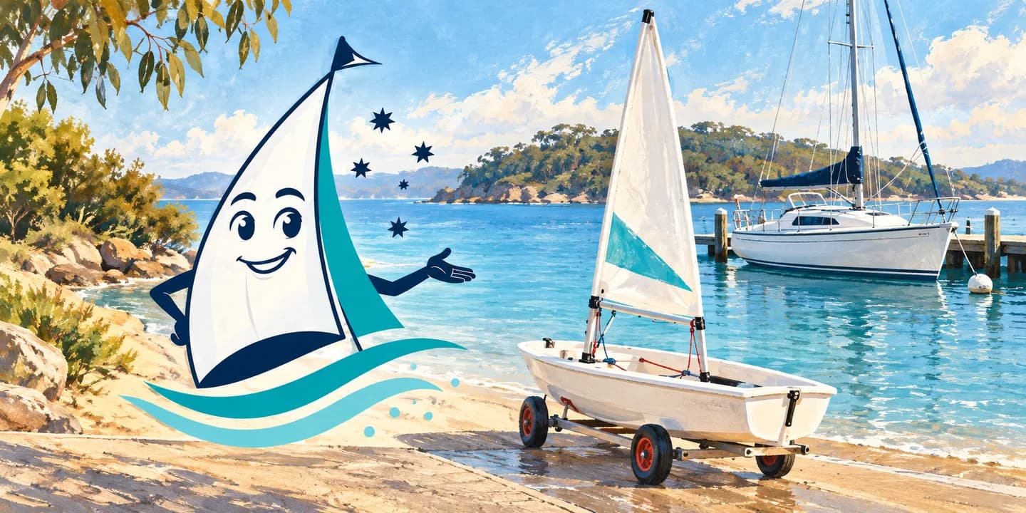 YouSail mascot presenting a dinghy on a trolley and a moored keelboat.
