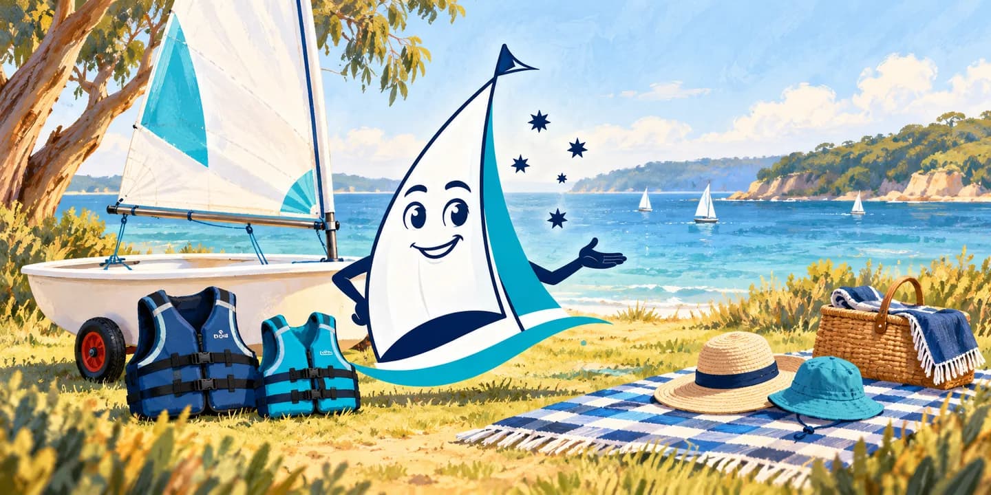 YouSail mascot with a junior dinghy, buoyancy aids and family picnic equipment.