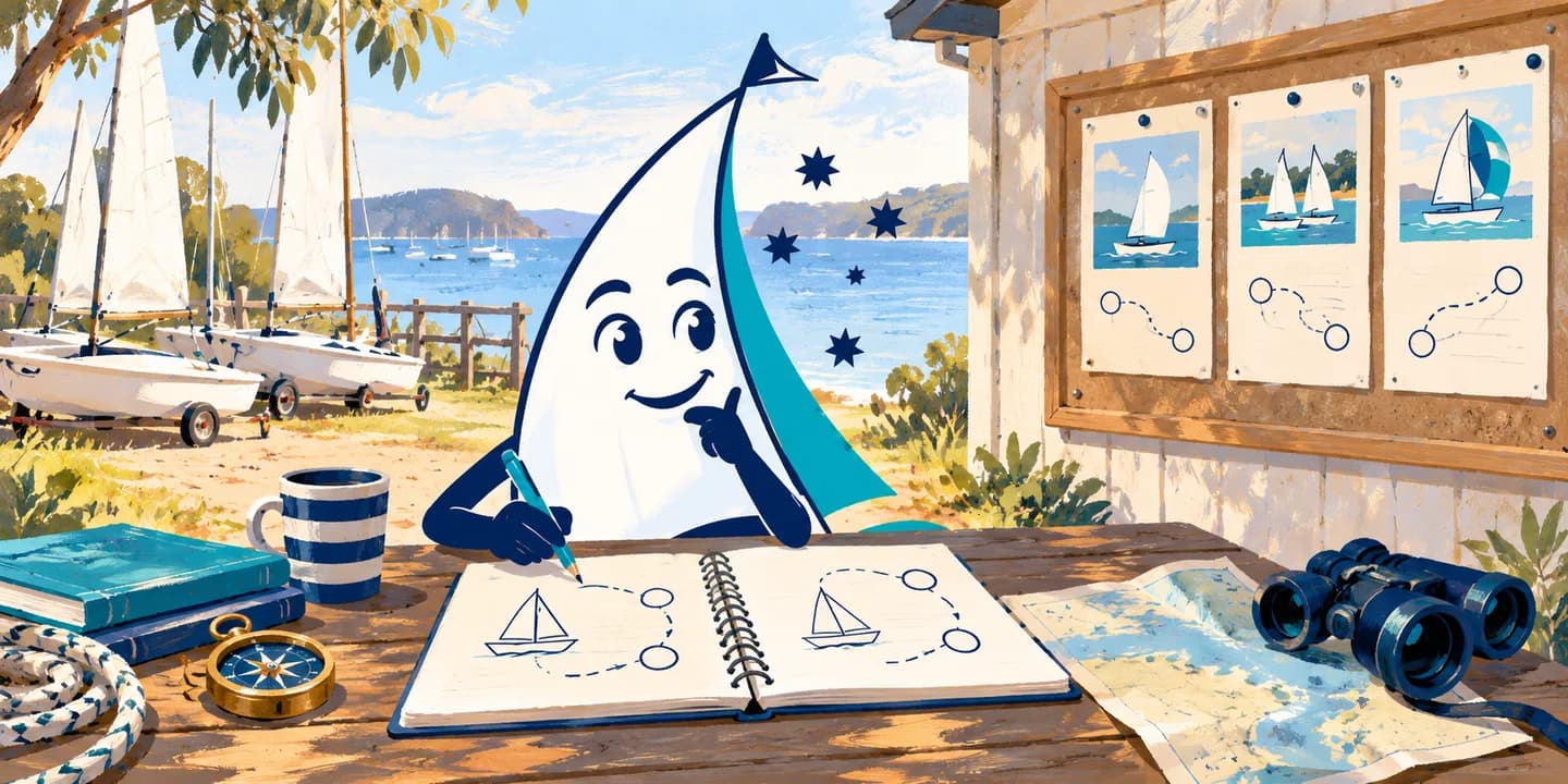 YouSail mascot comparing shore-based learning materials and a club noticeboard.