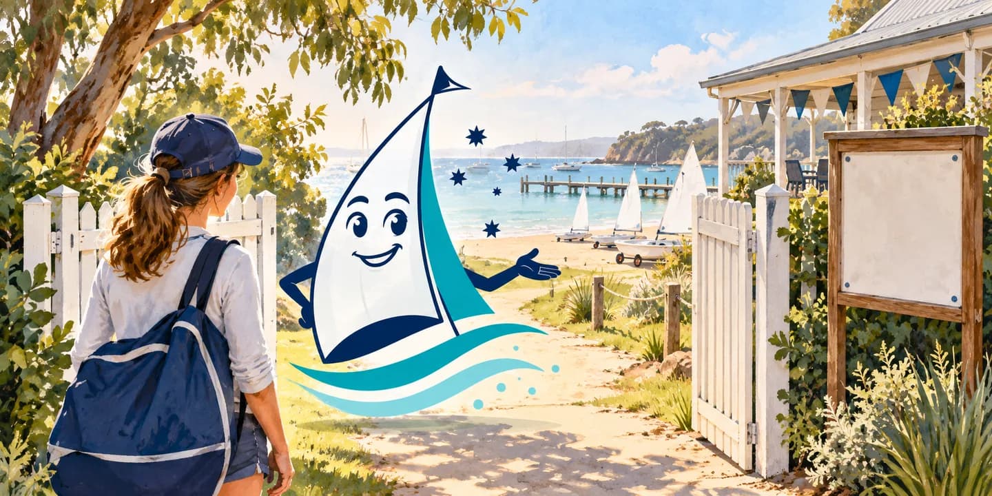 YouSail mascot welcoming a visitor through a waterfront clubhouse gate.